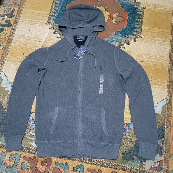 Polo Ralph Lauren Waffle Knit Full Zip Hoodie Lightweight Jacket Dark Grey Pima - Picture 2 of 11